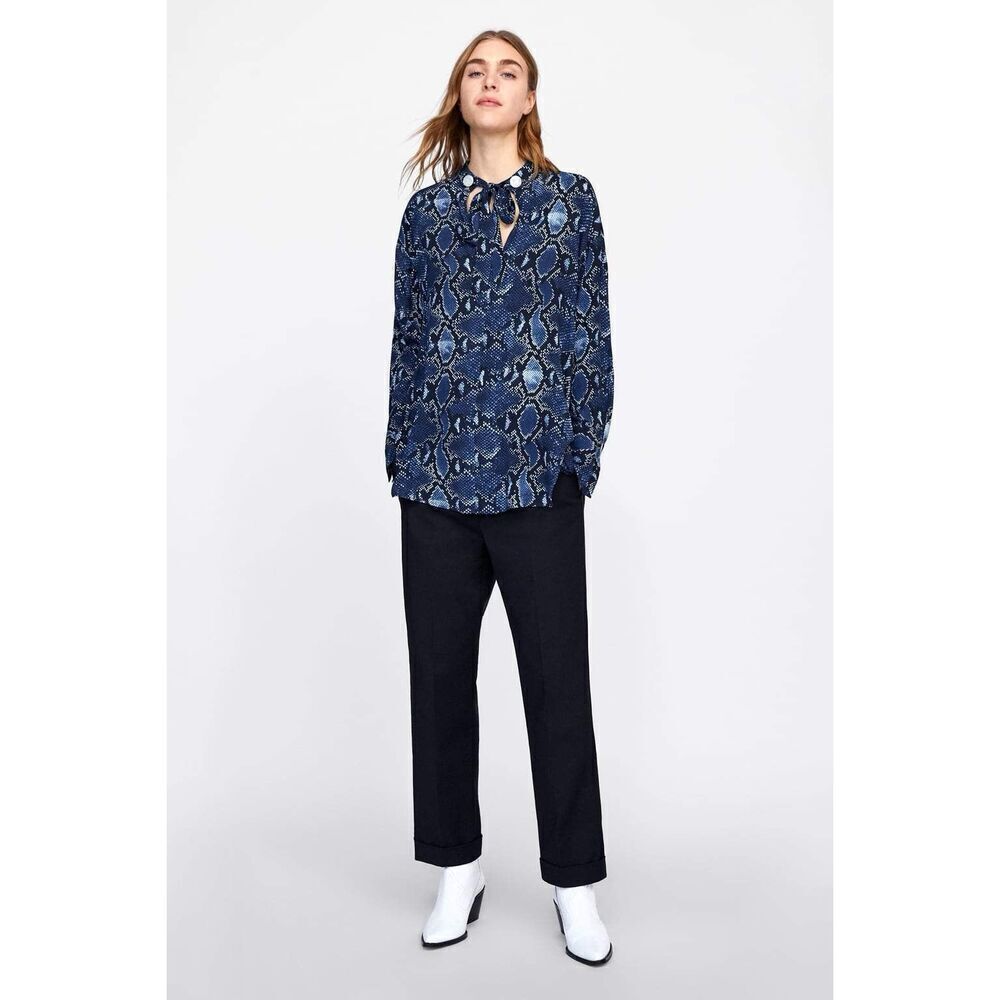 Zara Blue 100% ViscoseβSnake Print Hi Low Tie Neck Blouse Shirt Top Size Medium